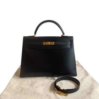 HermèS Kelly 32 Preloved Markalı Çanta Siyah Epsom Sellier Altın Donanım Kutusu Siyah