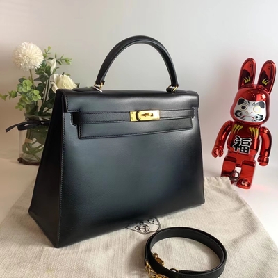 HermèS Kelly 32 Preloved Markalı Çanta Siyah Epsom Sellier Altın Donanım Kutusu Siyah