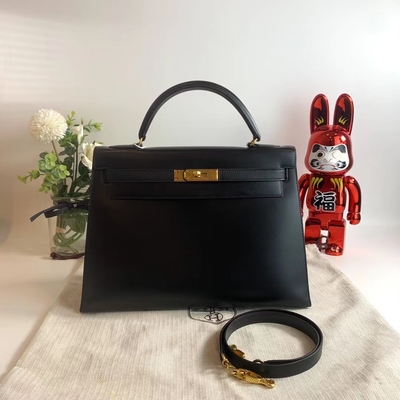 HermèS Kelly 32 Preloved Markalı Çanta Siyah Epsom Sellier Altın Donanım Kutusu Siyah