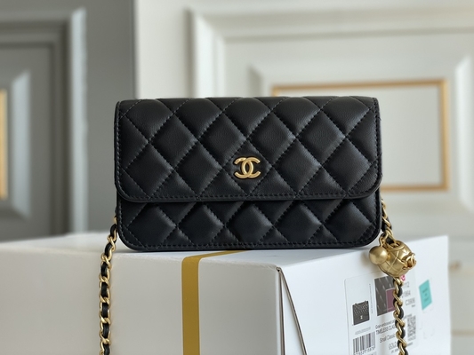 Siyah Mini Coco Chanel WOC Zincirli Clutch Çanta Cüzdan CF20