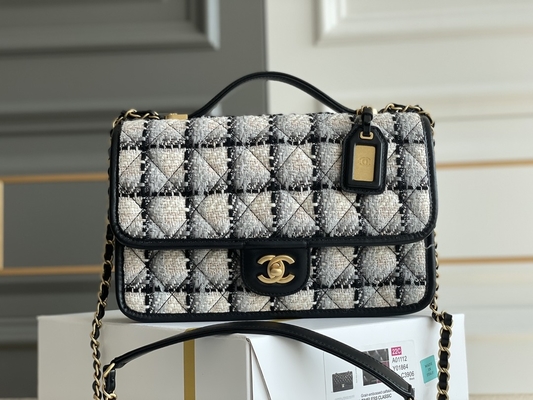 Classic 2WAY Chanel Orta Kapaklı Çanta Messenger Siyah Beyaz Ekose Yün