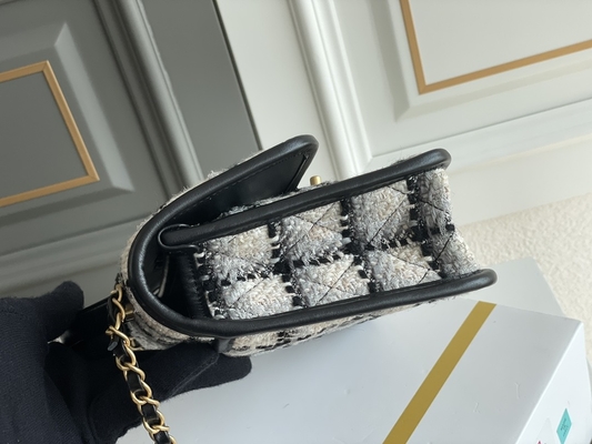 Classic 2WAY Chanel Orta Kapaklı Çanta Messenger Siyah Beyaz Ekose Yün
