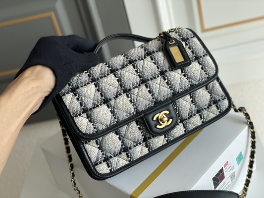 Classic 2WAY Chanel Orta Kapaklı Çanta Messenger Siyah Beyaz Ekose Yün