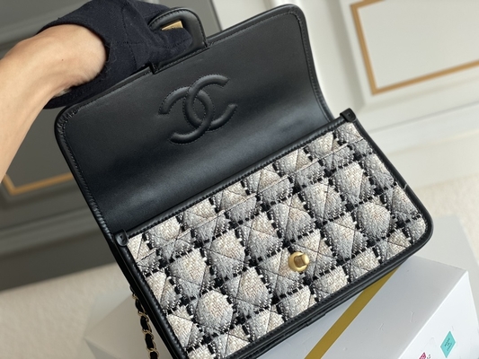 Classic 2WAY Chanel Orta Kapaklı Çanta Messenger Siyah Beyaz Ekose Yün