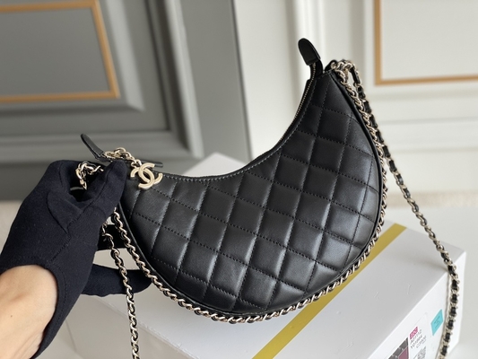 Siyah Zincirli Mini Askılı Çanta Markalı Chanel Hobo Çanta Dana Derisi Deri