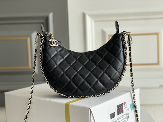 Siyah Zincirli Mini Askılı Çanta Markalı Chanel Hobo Çanta Dana Derisi Deri