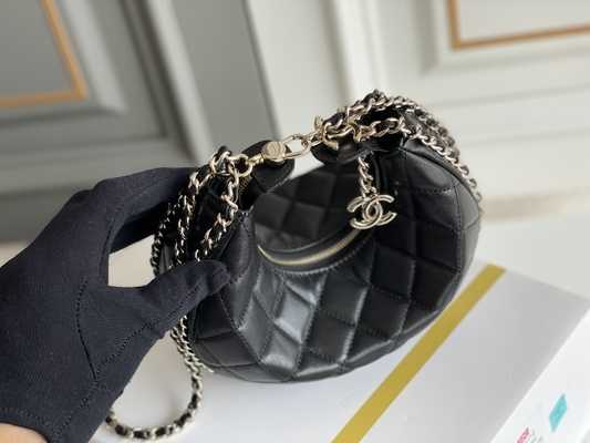 Siyah Zincirli Mini Askılı Çanta Markalı Chanel Hobo Çanta Dana Derisi Deri