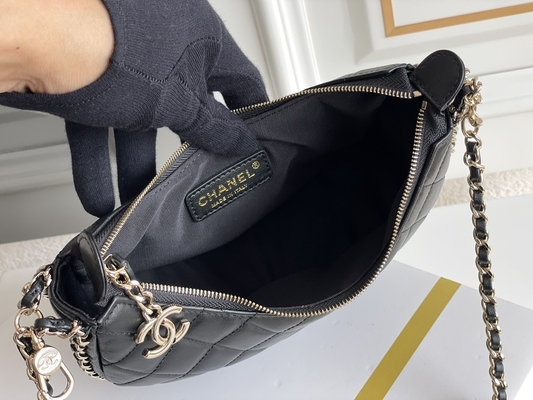 Siyah Zincirli Mini Askılı Çanta Markalı Chanel Hobo Çanta Dana Derisi Deri