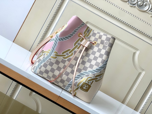 Beyaz Pembe Damier Azur Kanvas LV Markalı Messenger Çanta NéONoé MM Kova Çantası