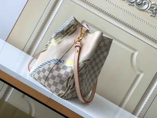Beyaz Pembe Damier Azur Kanvas LV Markalı Messenger Çanta NéONoé MM Kova Çantası