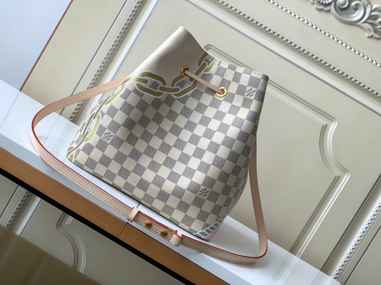 Beyaz Pembe Damier Azur Kanvas LV Markalı Messenger Çanta NéONoé MM Kova Çantası