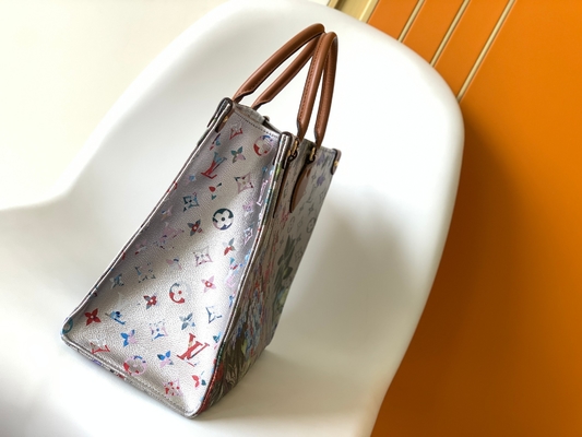 OnTheGo MM Mini Tek Omuz Çantası Markalı M81724 Çiçek Desenli Gümüş Kaplı Kanvas