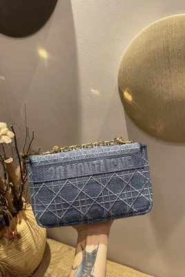 İşlemeli Mini Tasarımcı Cüzdanlar Dior Caro Denim Small