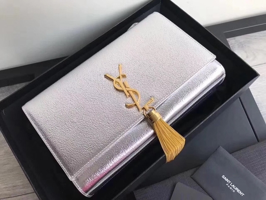 Ayarlanabilir Askılı Polyester Saint Laurent YSL Woc Çanta Fermuarlı Gümüş