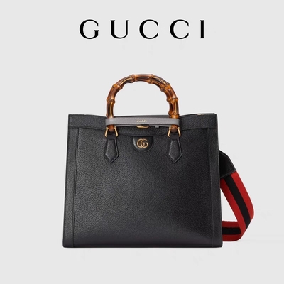 Siyah Deri Orta Boy Prenses Diana Gucci Çanta Tote Bambu Saplı