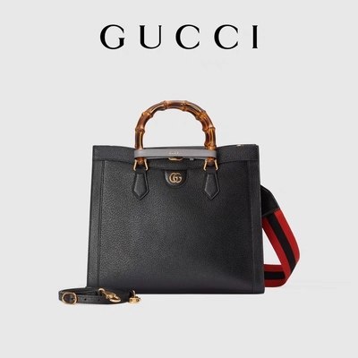 Siyah Deri Orta Boy Prenses Diana Gucci Çanta Tote Bambu Saplı