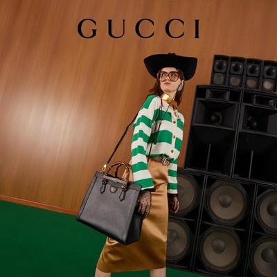 Siyah Deri Orta Boy Prenses Diana Gucci Çanta Tote Bambu Saplı