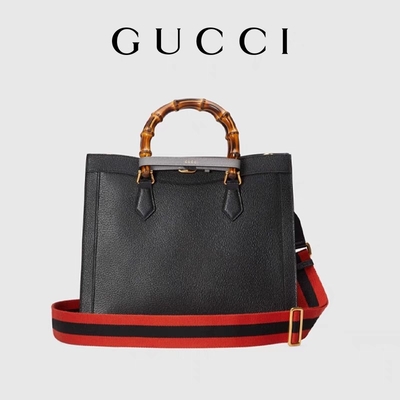 Siyah Deri Orta Boy Prenses Diana Gucci Çanta Tote Bambu Saplı