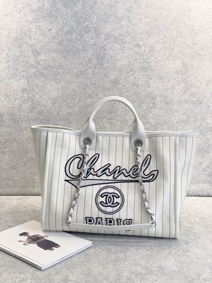 30cm 23P Chanel Deauville Tote Çanta Beyaz Ekru Siyah Çizgili