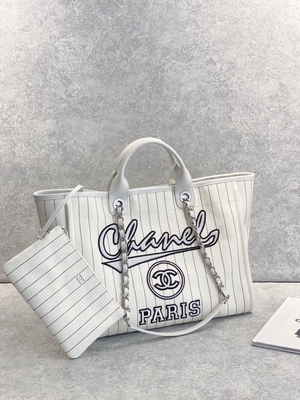 30cm 23P Chanel Deauville Tote Çanta Beyaz Ekru Siyah Çizgili