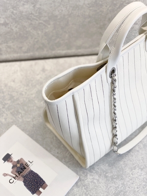 30cm 23P Chanel Deauville Tote Çanta Beyaz Ekru Siyah Çizgili