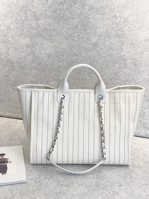30cm 23P Chanel Deauville Tote Çanta Beyaz Ekru Siyah Çizgili