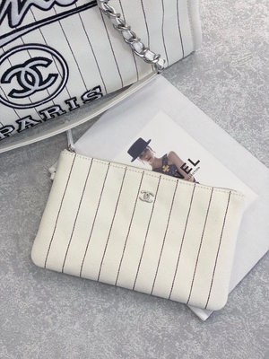 30cm 23P Chanel Deauville Tote Çanta Beyaz Ekru Siyah Çizgili