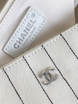 30cm 23P Chanel Deauville Tote Çanta Beyaz Ekru Siyah Çizgili