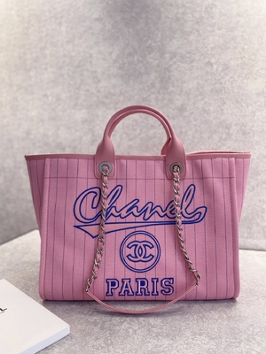 30cm 23P Chanel Deauville Tote Çanta Beyaz Ekru Siyah Çizgili