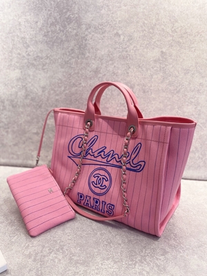 30cm 23P Chanel Deauville Tote Çanta Beyaz Ekru Siyah Çizgili