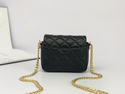 Siyah Kuzu Derisi Deri Markalı Messenger Çanta Chanel Flap Telefon Tutucu