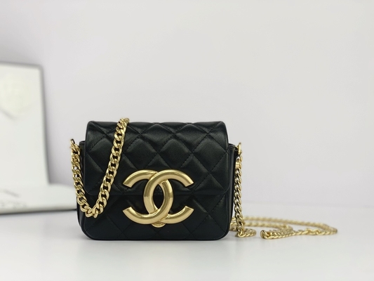Siyah Kuzu Derisi Deri Markalı Messenger Çanta Chanel Flap Telefon Tutucu