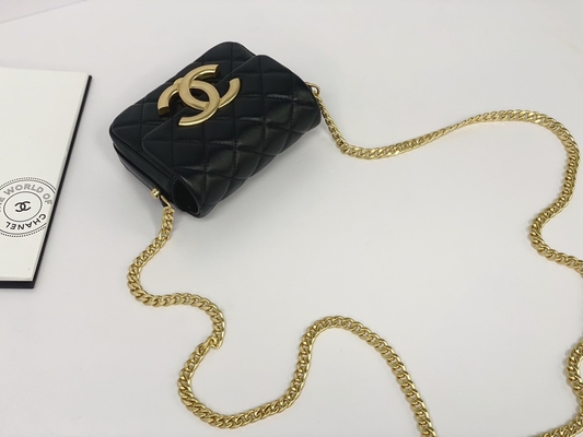 Siyah Kuzu Derisi Deri Markalı Messenger Çanta Chanel Flap Telefon Tutucu
