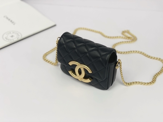 Siyah Kuzu Derisi Deri Markalı Messenger Çanta Chanel Flap Telefon Tutucu