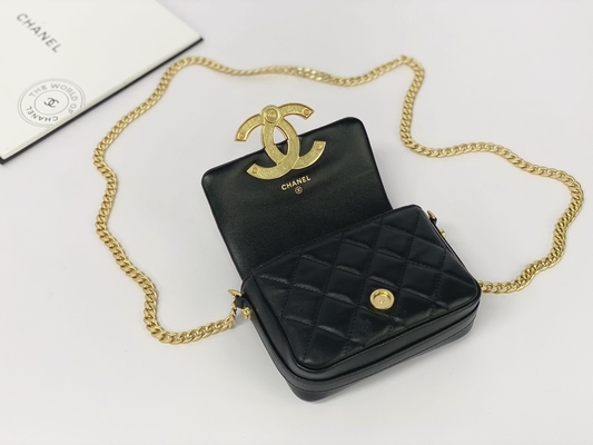 Siyah Kuzu Derisi Deri Markalı Messenger Çanta Chanel Flap Telefon Tutucu