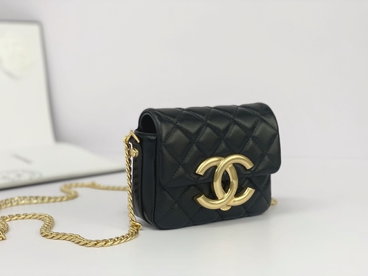 Siyah Kuzu Derisi Deri Markalı Messenger Çanta Chanel Flap Telefon Tutucu