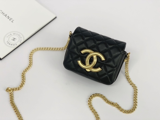Siyah Kuzu Derisi Deri Markalı Messenger Çanta Chanel Flap Telefon Tutucu